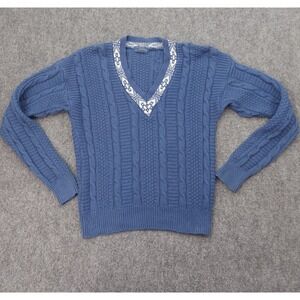 Cambridge Classics Sweater Mens Medium Blue V Neck Tennis Cable Knit Vtg 90s